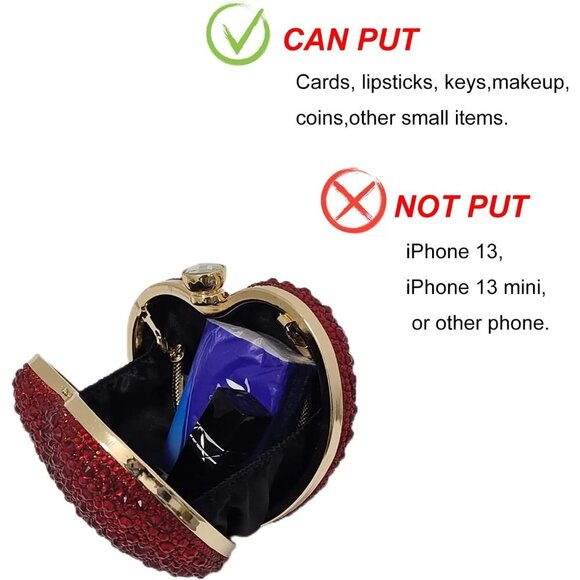 🆕Women Red Rhinestone Heart Shape Mini Clutch Purse Wedding Handbag Party Bag - Picture 6 of 7